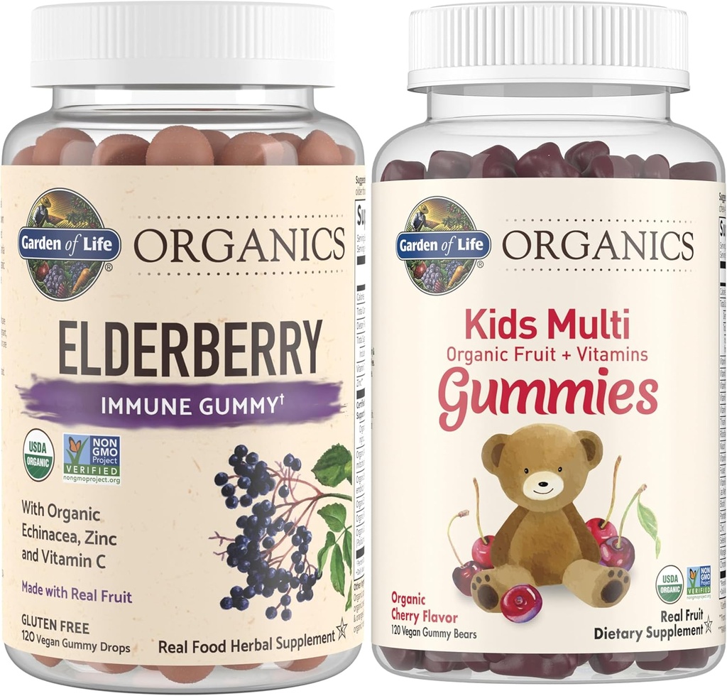 Garden of Life Organics Kids Immune Bundle – Elderberry Immune Support Gummies (120 Conde) + Certified Organic Kids Multivitamin Gummies, Non-GMO, Gluten Free, Cherry (120 Conde)