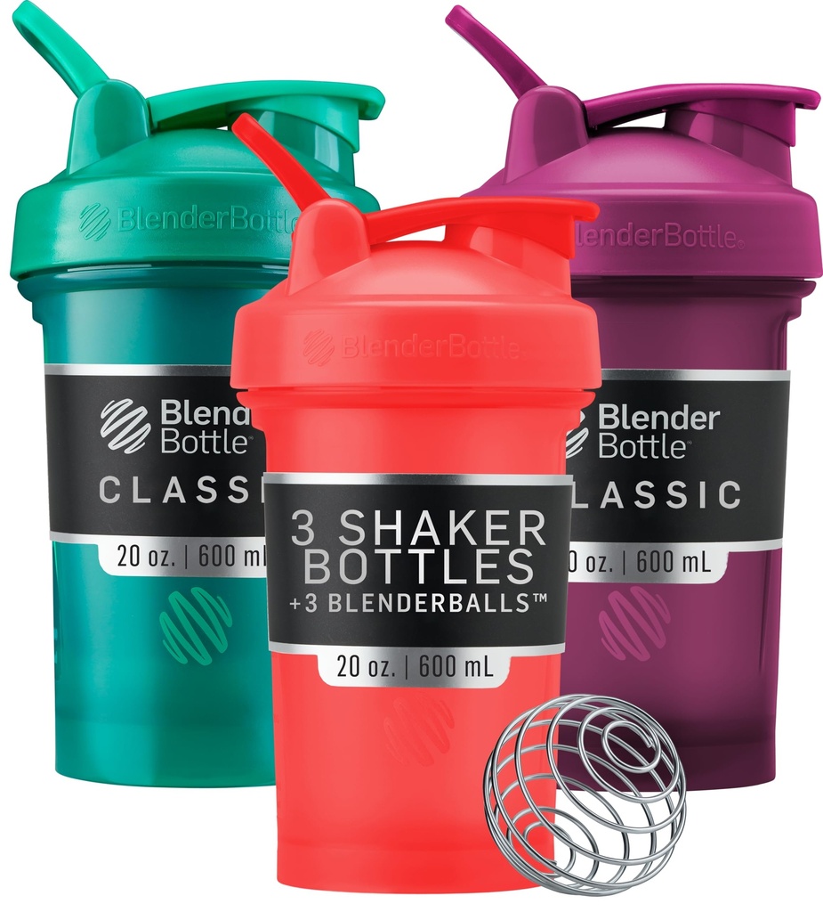 BlenderBottle Classic V2 Shaker Bottle Perfect para Protein Shakes y Pre Workout, 20 onzas (3 Pack), Rojo, Verde, Plum