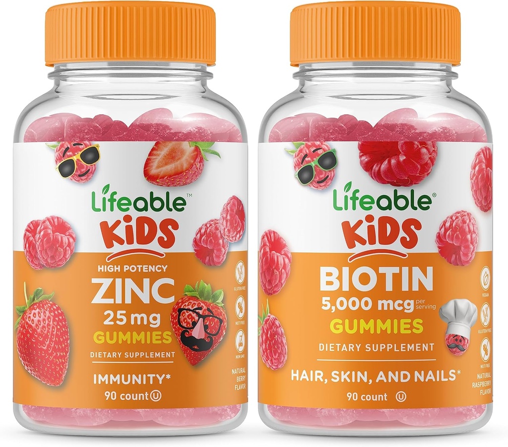 Zinc Lifeable 25mg Kids + Biotin Kids, Gummies Bundle - Great Tasting, Vitamin Supplement, Gluten Free, GMO Free, Chewable Gummy