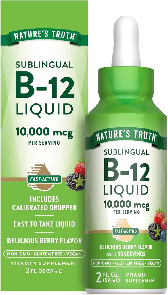 La verdad de la naturaleza B12 Sublingual Liquid Drops TENED 10,000 mcg TENIDO 2 oz TENIDA Fast Acting TEN Vegan, Non-GMO &amp; Gluten Free