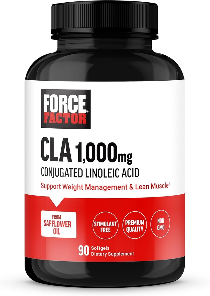 FORCE FACTOR CLA Suplementos, CLA 1000 mg, ácido linoléico conjugado para apoyar la composición corporal y la masa muscular magra, hecha de aceite de girasol, estimulante libre, no GMO, 90 Softgels