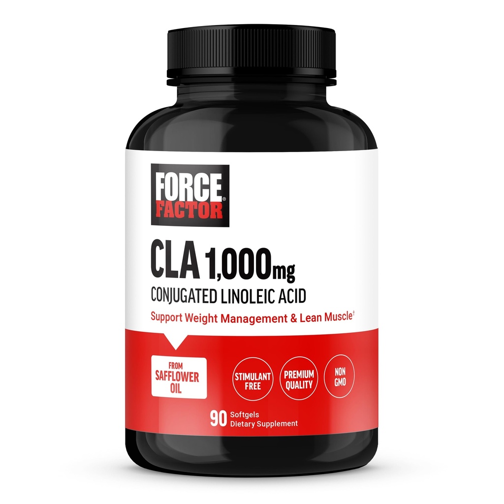 FORCE FACTOR CLA Suplementos, CLA 1000 mg, ácido linoléico conjugado para apoyar la composición corporal y la masa muscular magra, hecha de aceite de girasol, estimulante libre, no GMO, 90 Softgels