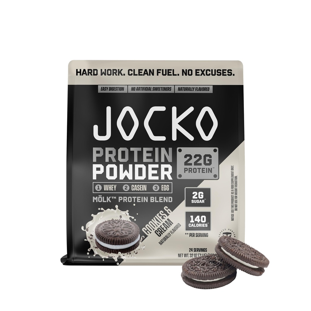 Jocko Fuel Mölk Whey Protein Powder - Keto, Probiotics, Digestive Enzymes, Amino Acids, Low Sugar Monk Fruit Blend - Supports Muscle Recovery & Growth (24 Servings, Cookies &amp; Cream)