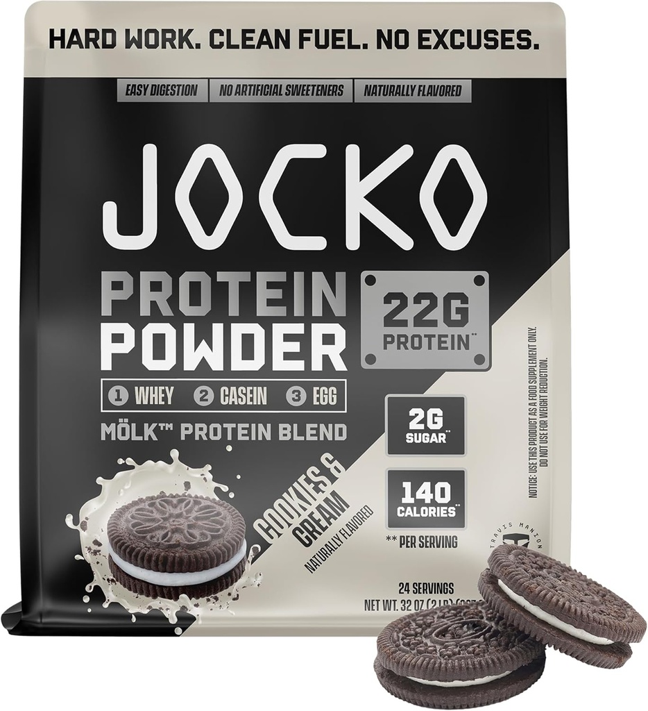 Jocko Fuel Mölk Whey Protein Powder - Keto, Probiotics, Digestive Enzymes, Amino Acids, Low Sugar Monk Fruit Blend - Supports Muscle Recovery & Growth (24 Servings, Cookies &amp; Cream)