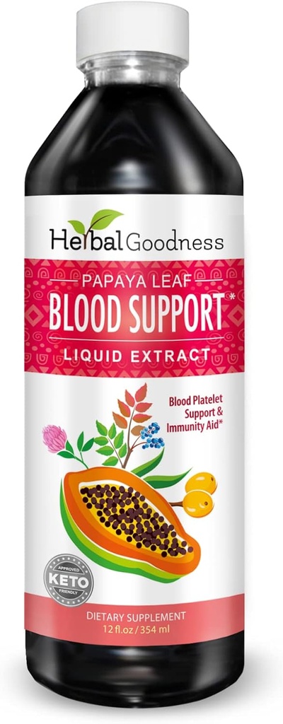 Papaya Leaf Blood Support Liquid - 15X Strength - Papaya Leaf Extract - Plaquetas saludables, Sangre limpia, Digestión, Papaya Enzyme -12oz Liquid - Herbal Goodness (1 btl)
