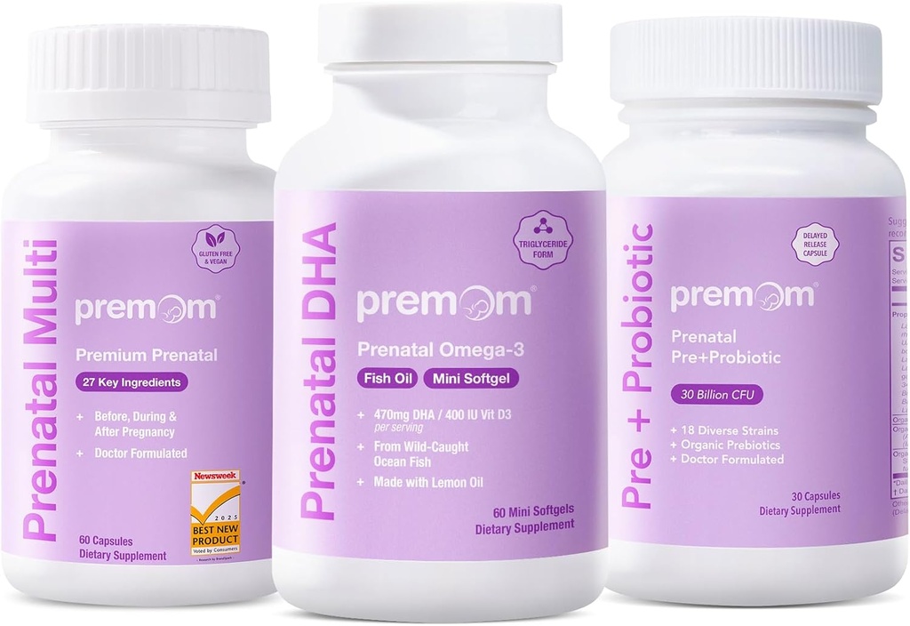 Premom Prenatal Probiotics + Prenatal DHA Fish Oil + Fórmula Prenatal Vitamina
