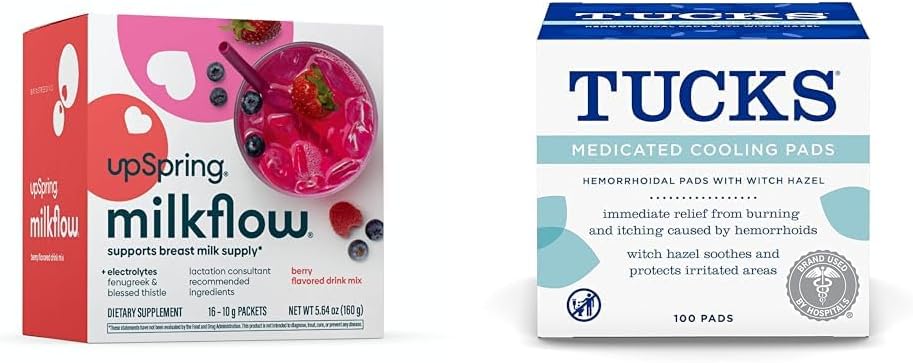 UpSpring Milkflow Electrolyte Breastfeeding Supplement Drink Mix with Fenugreek | Berry Flavor | 16 Drink Mixes + TUCKS Medicated Cooling Pads, 100 Count