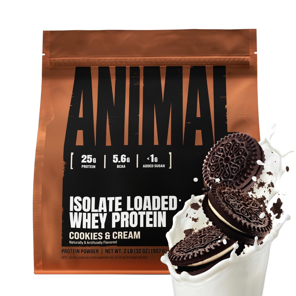 Animal Whey Isolate Protein Powder - Cargado para Pre &amp; Post Workout Muscle Builder y recuperación con enzimas digestivas para hombres y mujeres - 25g Proteína, gran sabor, bajo azúcar - Cookies &amp; Cream 2 libras