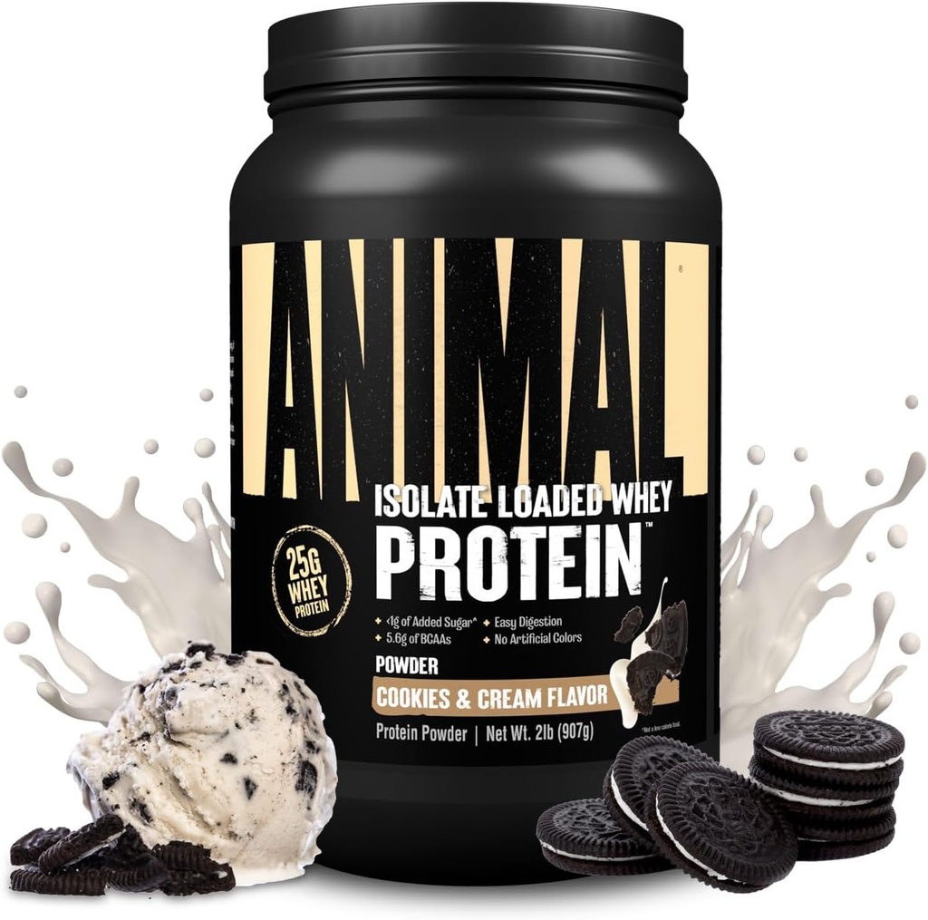 Animal Whey Isolate Protein Powder - Cargado para Pre &amp; Post Workout Muscle Builder y recuperación con enzimas digestivas para hombres y mujeres - 25g Proteína, gran sabor, bajo azúcar - Cookies &amp; Cream 2 libras