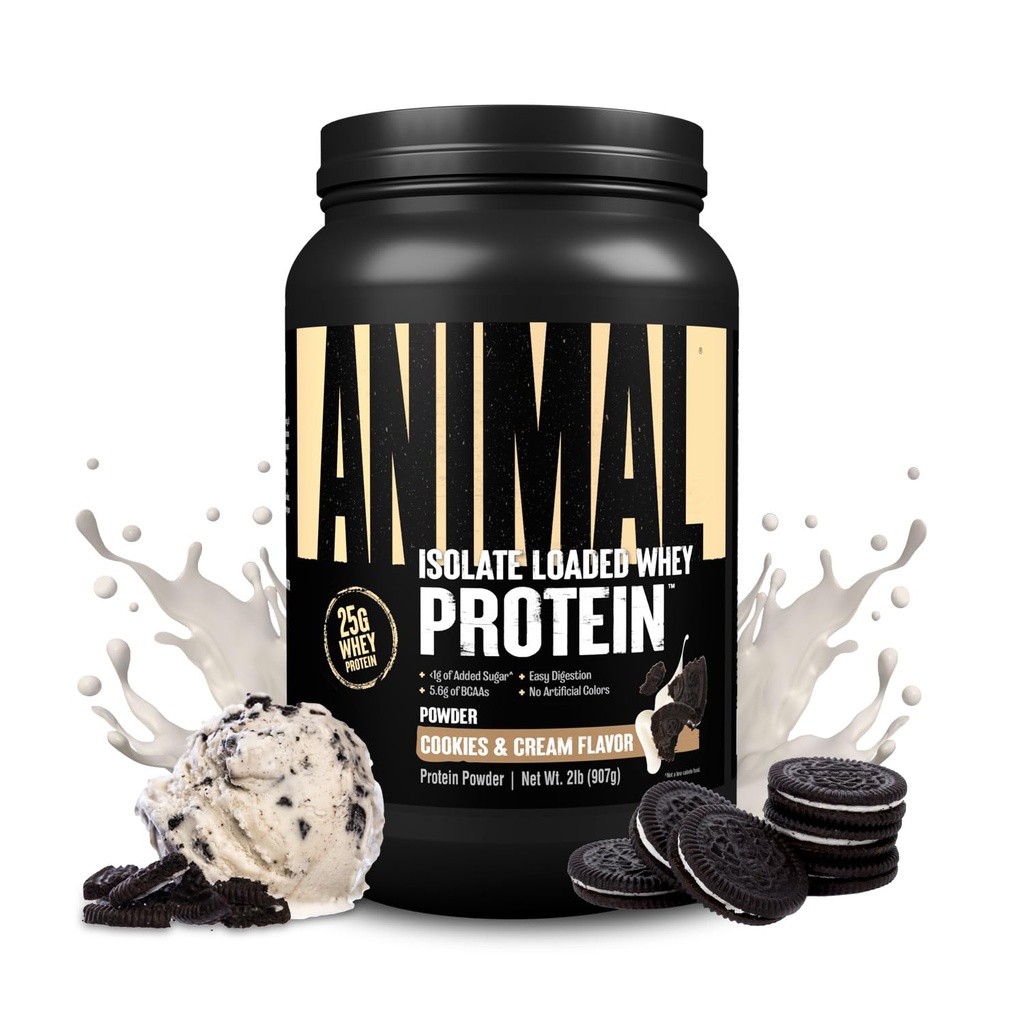 Animal Whey Isolate Protein Powder - Cargado para Pre &amp; Post Workout Muscle Builder y recuperación con enzimas digestivas para hombres y mujeres - 25g Proteína, gran sabor, bajo azúcar - Cookies &amp; Cream 2 libras