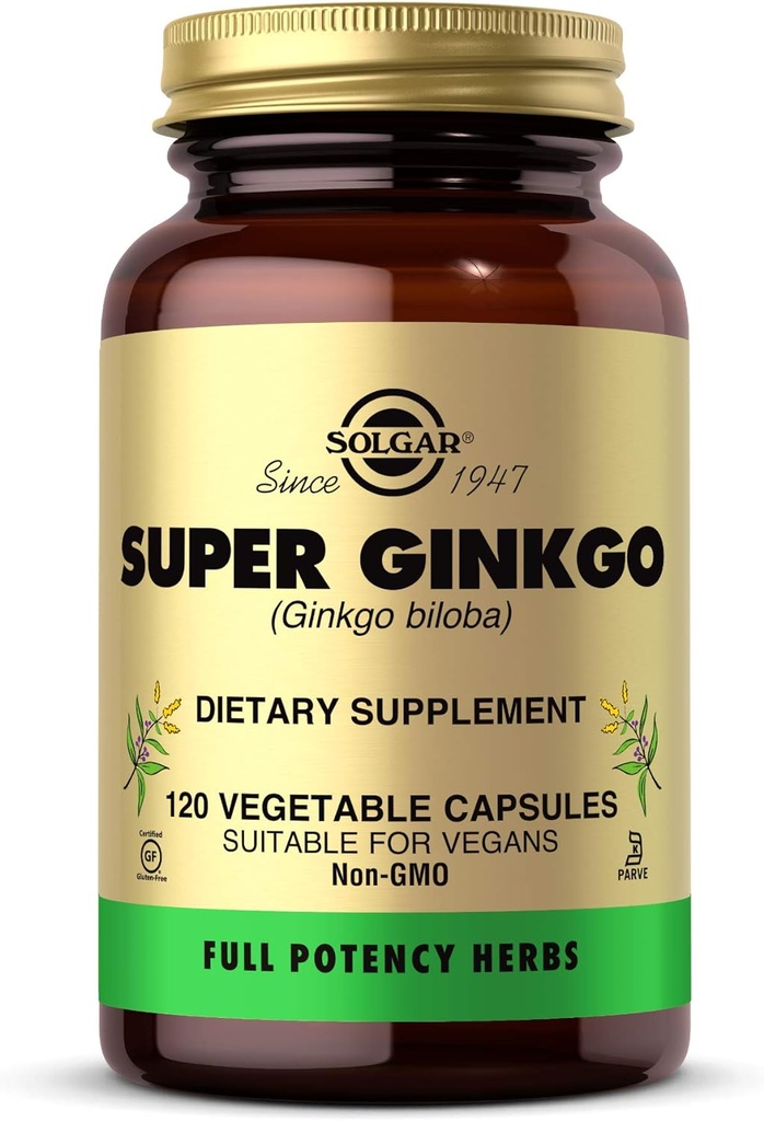 Solgar Super Ginkgo, 120 cápsulas vegetales - Full Potency (FP) - Antioxidant &amp; Nervous System Support - Brain Health - Non-GMO, Vegan, Gluten Free, Dairy Free, Kosher - 120 Servings