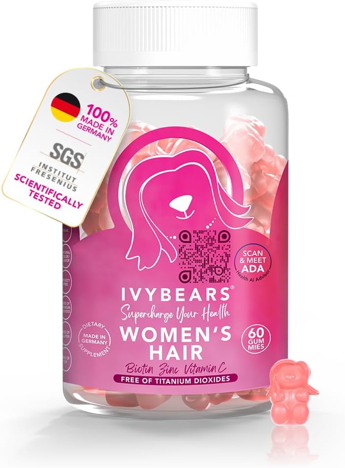 IvyBears Peluquería de las Mujeres Gummies con Complejo Biotina, Collagen, Ácido Fólico, Vitamina B7, y Keratina para el Pelo, Piel &amp; uñas - Crecimiento del Pelo vegano &amp; 100% Vitamin Boost - 60 Conde, 1 Mes de Suministro