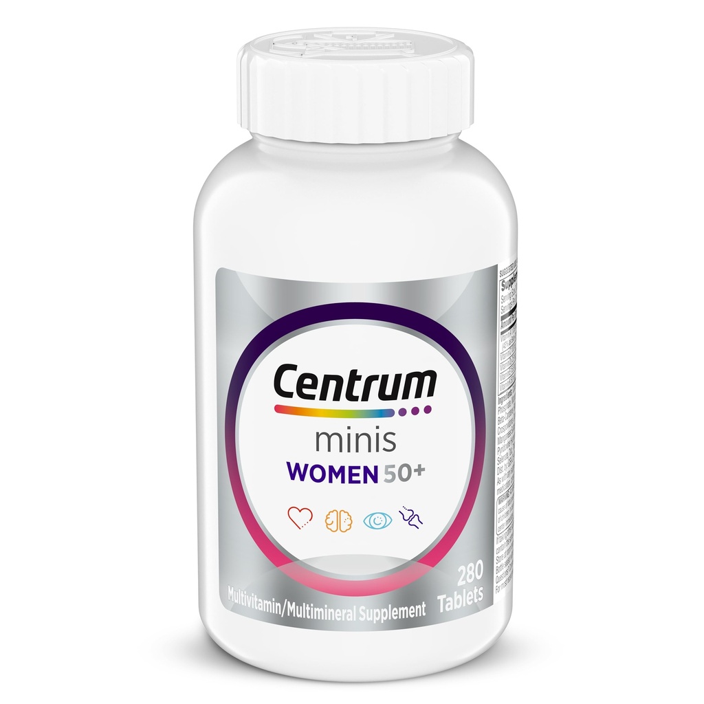 Centrum Minis Multivitamina de Plata Mujer para Mujer 50 Plus, Suplemento Multimineral con Vitamina D3, B Vitaminas, Ingredientes no transgénicos, apoya la memoria y la cognición en adultos mayores - 280 Ct