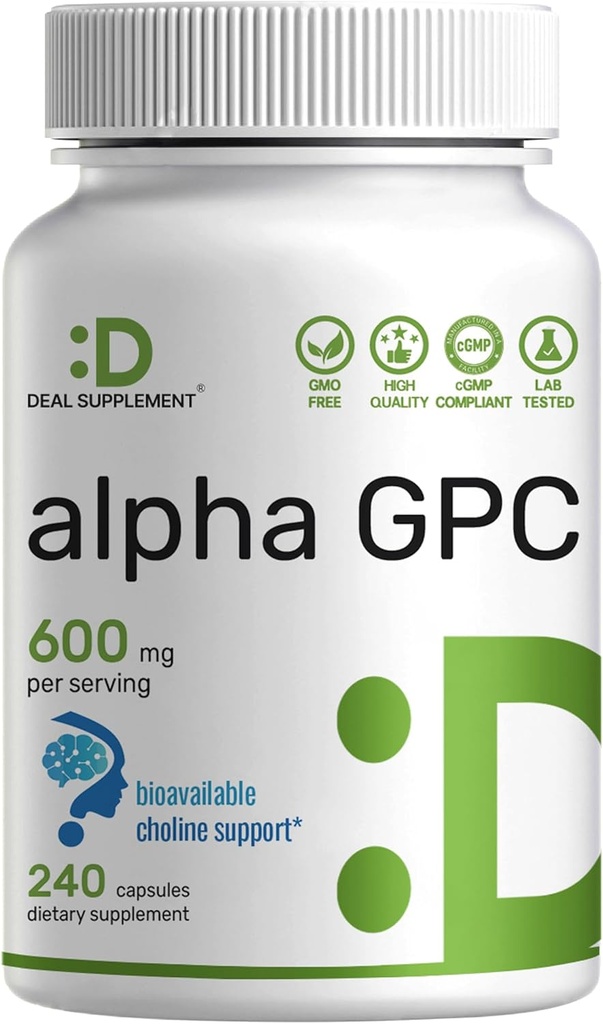 Alpha GPC 600mg Por Serving, 240 cápsulas – Reposición de la línea biodisponible – Suplementos de salud cerebral nootrópicos para la memoria y el enfoque – No GMO, Gluten Free