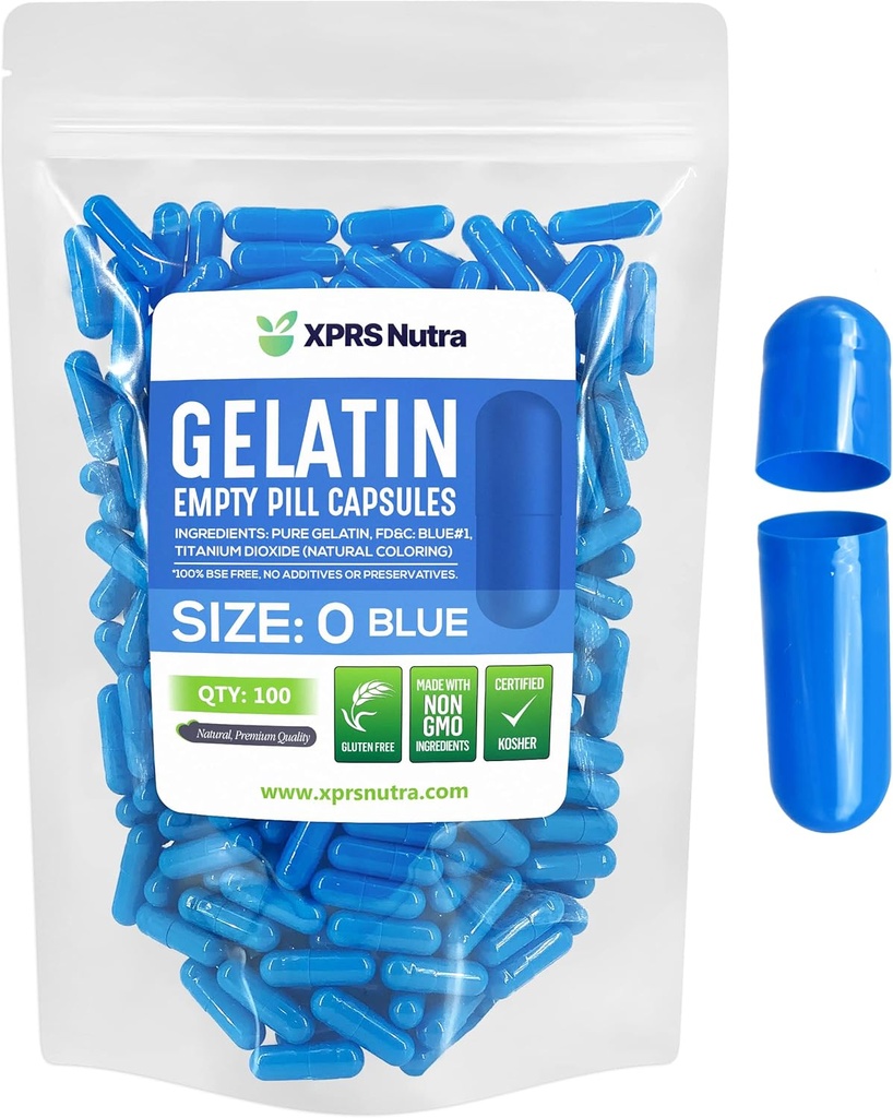 XPRS Nutra Size 0 Empty Capsules - 100 Conde Empty Gelatin Capsules - Pills DIY Capsule Filling - Pure Bovine Pill Gel Caps for Do-It-youself Supplements (Blue)