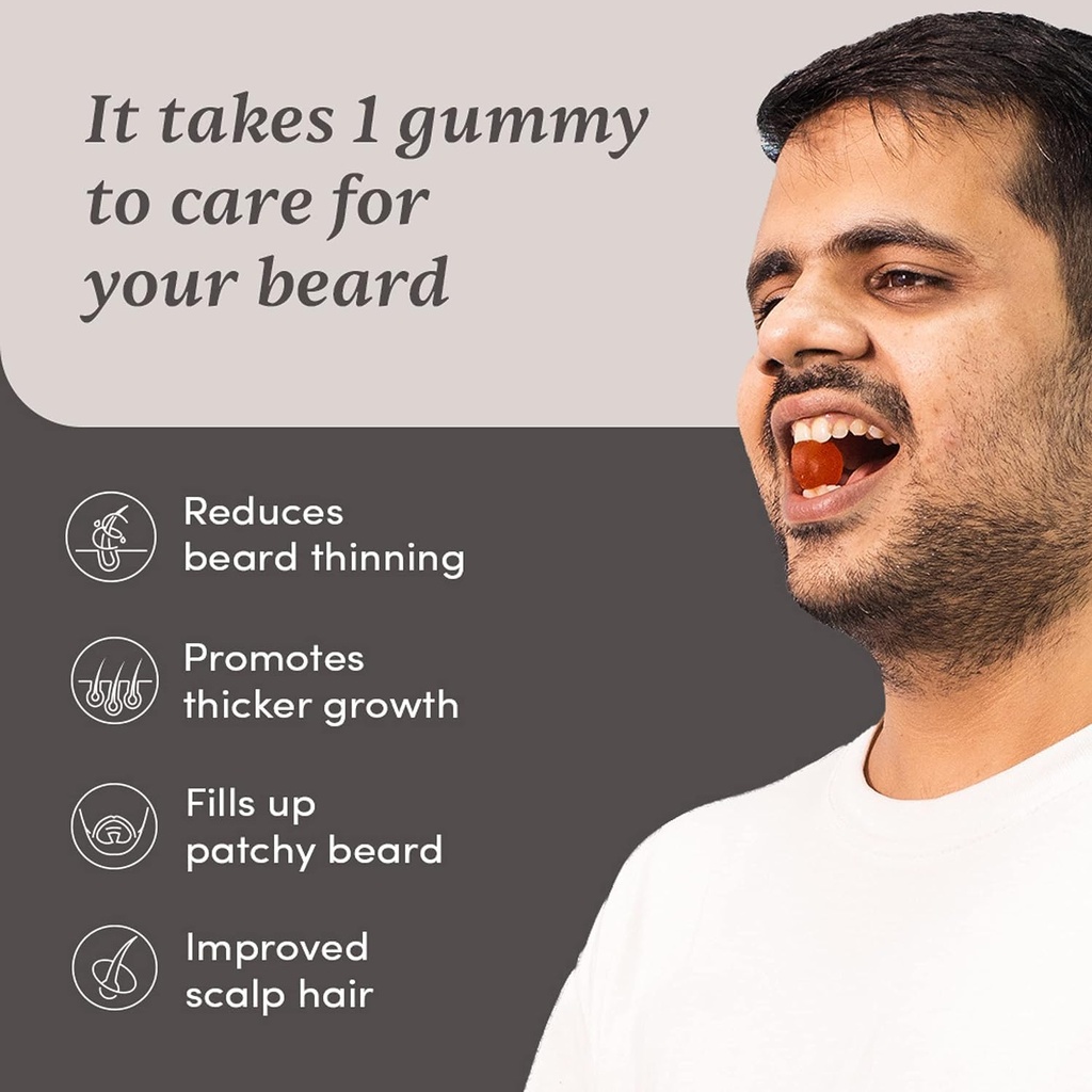 Beard Gummies for Men | 30 Days Pack | Thicken Beard, Stimulates Beard Follicles & Improves Beard Density | Biotin, D-aspartic Acid & Creatine | Gelatin-Free,100% Vegan
