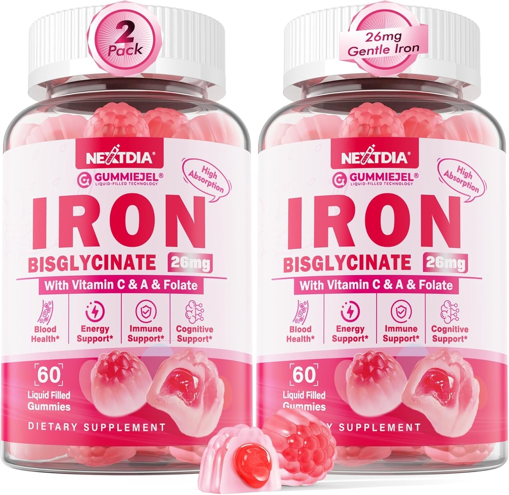 Suplemento de hierro vegano Gummies for Women &amp; Men - w/Vitamin C Folate B12 Zinc for Adults &amp; Kids, Chewable Gentle Iron for Iron Deficiency, Energy Boost, Non-Constipating &amp; After Taste, Sugar-Free 2 Pack