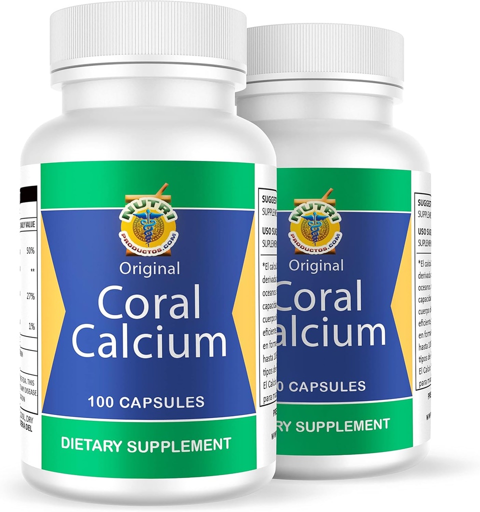 Calcio de Coral Set de 2 frascos con 100 capsulas CADA uno. Reforzado con Vitamina D y Magnesio. Combate: Cansancio, Dolor de huesos, insomnio, Calambres, Artritis. 100% Natural.