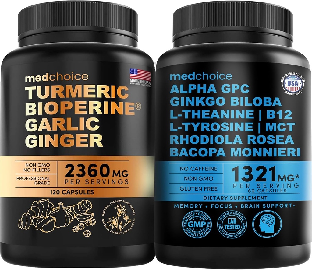 MEDCHOICE Turmeric " Ginger (120ct) and Nootropic Brain (60ct) Suplemento Bundle - Wellness Duo for Joint, Digestion, Brain, " Mood Support - Vegan, Non-GMO, Gluten-Free