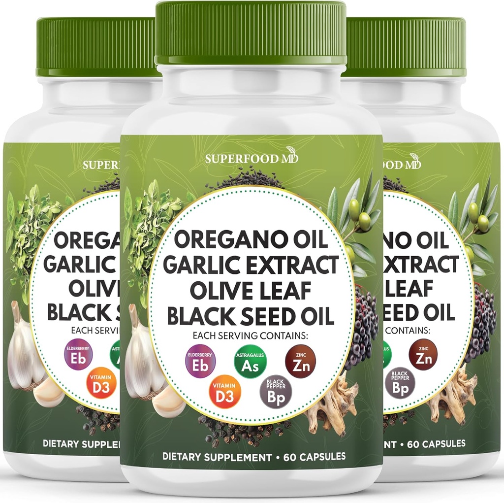Oregano Aceite Ajo Extracto Hoja de Oliva Negro Semilla Astragalus - Immune Apoyo Suplemento para Mujeres y Hombres- 180 Conde