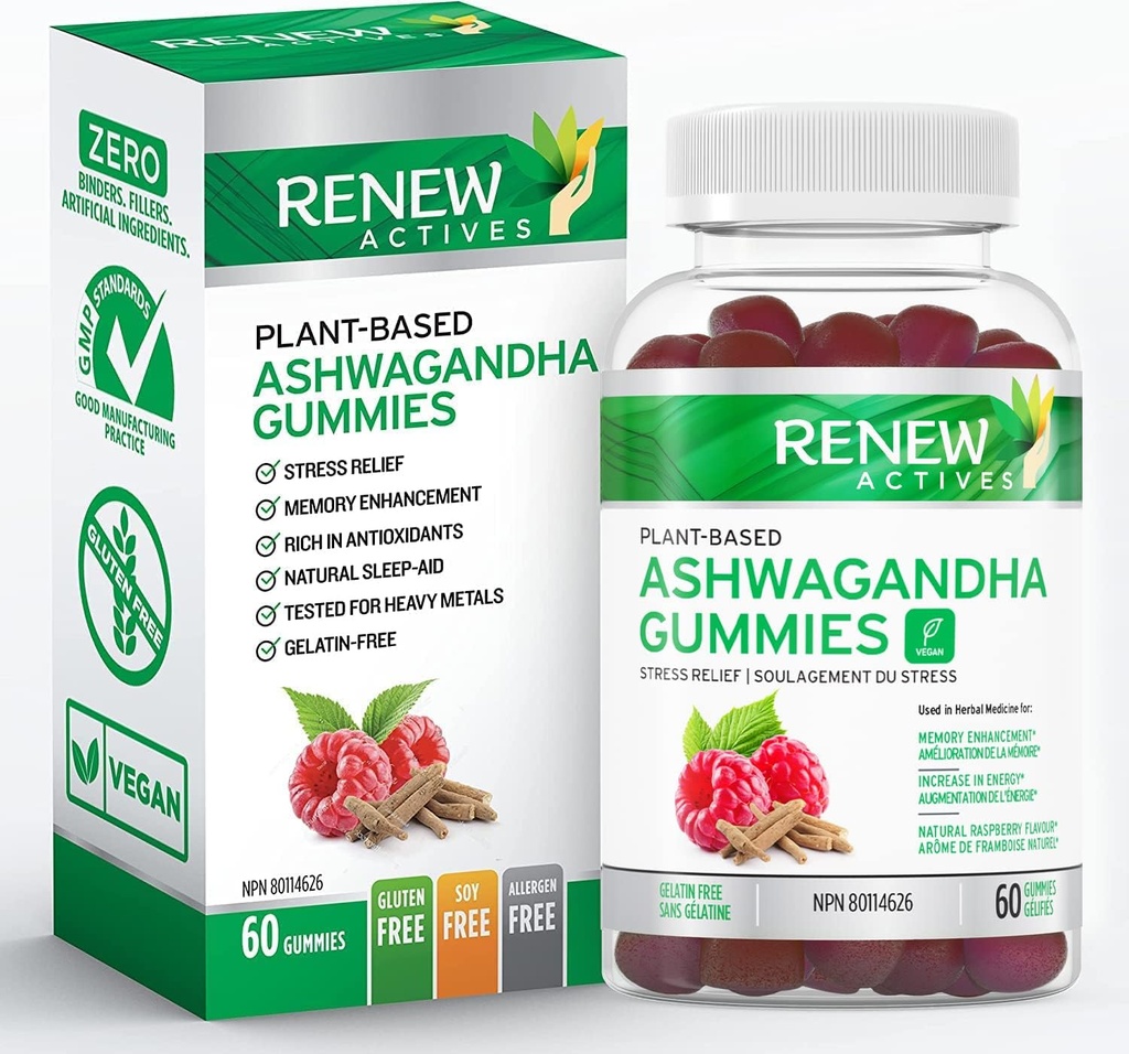Renew Actives Ashwagandha 100MG per 4 Gummies – Memory, Focus &amp; Energy Boost – Usado tradicionalmente como un tónico rejuvenecedor – Vegan, Herbal Adaptogen – Hecho en Canadá – 60 Gummies