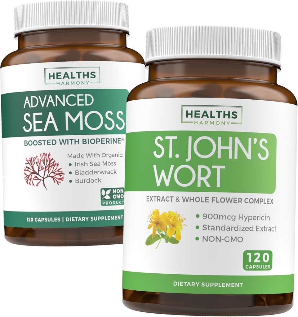 Sea Moss " St. John's Wort (2-Month Supply) Mood Moss Blend - Organic Irish Sea Moss - Raw Vegan Supplement (120 Caps) " St John's Wort with Powerful 900mcg Hypericin Vegan Non-GMO (120 cápsulas)
