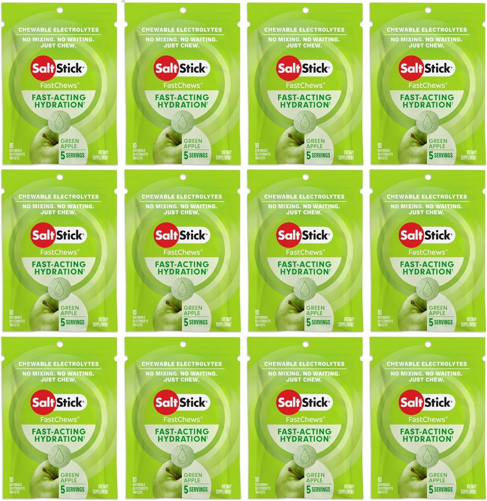 SaltStick Electrolyte FastChews - 120 Conde Green Apple Flavor - Electrolyte Tablets for Hydration, Salt Tabs - 10 Conde (Pack of 12)