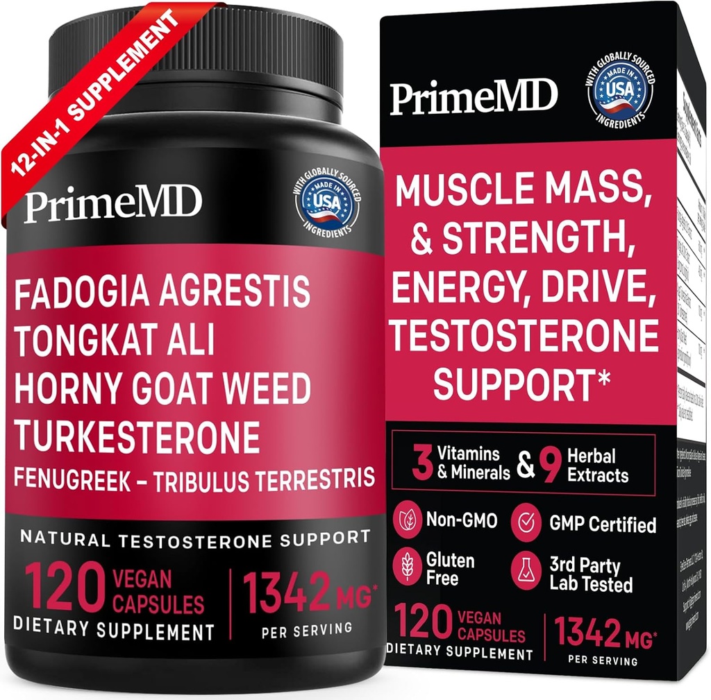 PrimeMD 12-en-1 Fadogia Agrestis y Tongkat Ali - Suplemento de testosterona para Hombres con Turkesterone - HornyGoatWeed for General Well-Being with 1342mg Por Serving (120 Capsules) (Pack of 1)