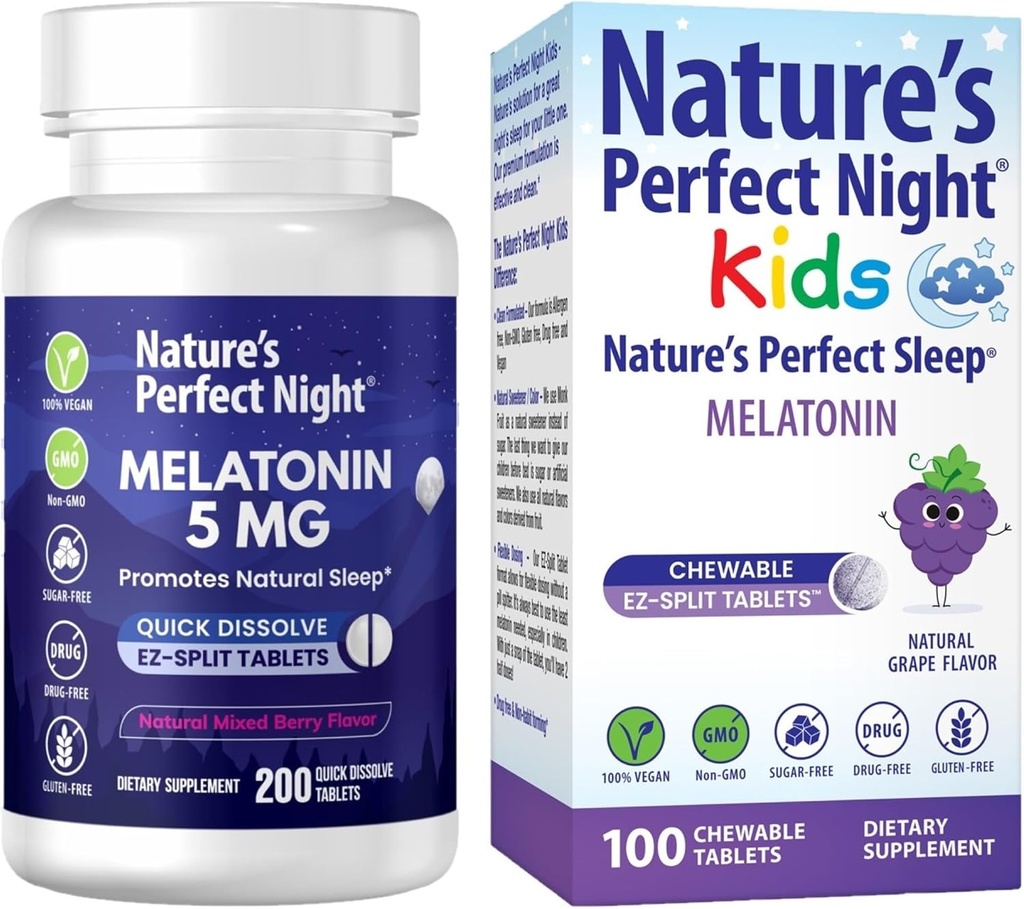 Nature's Perfect Night Bundle | Melatonin 5mg | Kids Melatonin 1mg | 200 Count | 100 Count | Sugar Free | Gluten Free | Non-GMO | Vegan