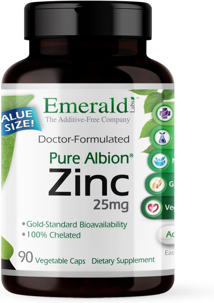 Laboratorios Esmeraldas Zinc 25mg - Apoyo Inmunitario, Salud Digestiva, Estrés oxidativo - Hecho con Zinc Bisglycinate - Vegan & Gluten-Free - 90 cápsulas vegetales
