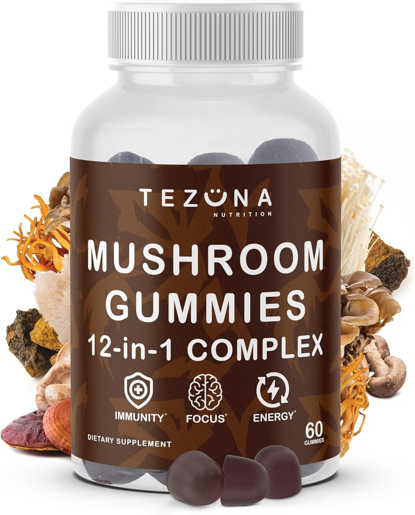 Mushroom Gummies 2 Pack, 12-in-1 Suplemento Complejo 3000mg - Lions Mane, Turquía Tail, Reishi, Cordyceps, Mushrooms Extract - Suplemento Nootropic Brain para Memoria y Focus, Inmunity Boost y Energía