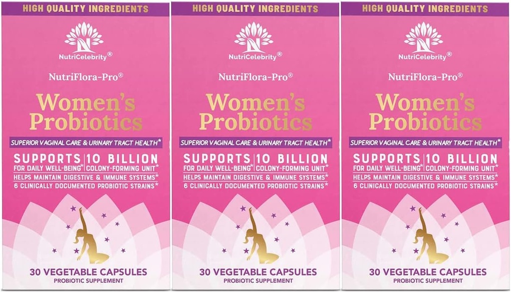 Nutricelebrity Probiotics for Women 10 Billion CFU 6 Strains, Organic Prebiotics for Digestive,Vaginal ventajaInmune Health,PH Balance & Feminine Health,Period Pain, BV Relief, Cranberry Extract+ 3 Pack