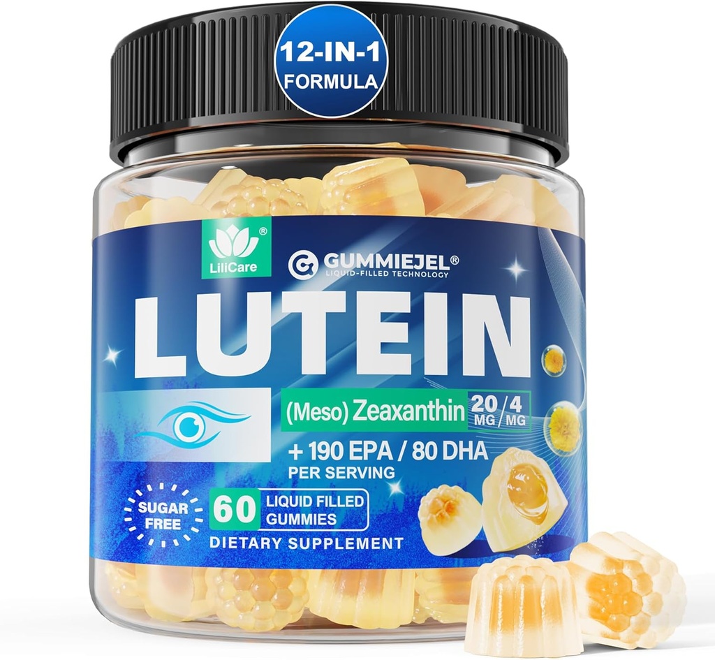 Lutein sin azúcar 20mg 40mg y Zeaxanthin Gummies for Eyes with Omega 3 (EPA 190mg & DHA 80mg), Lutein Suplementos Vitaminas Ojo Mangas Filled Plus Bilberry, Goji Berry &amp; Saffron, Vegan - 60 Condes