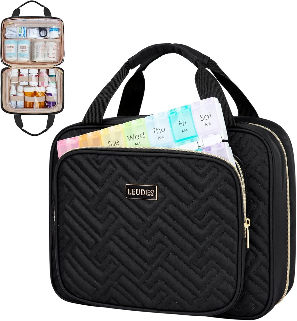 Leudes Travel Pill Bottle Organizer,Medicine Organizer and Storage,Home Medication Bag, Cases,Carrier for Pills,Vitamin,Fish Oil,Supplements for Women and Men (Medium, Black)