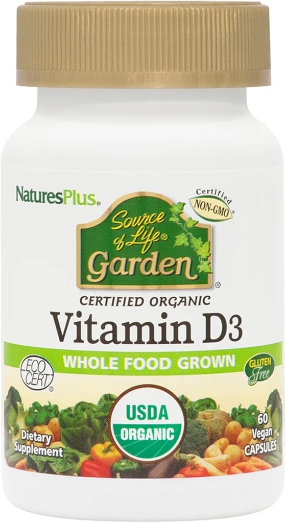 Naturalezas Plus Fuente de Vida Jardín Certificado Vitamina Orgánica D3 - Cholecalciferol 5000 iu, 60 cápsulas veganos - Suplemento integral de base vegetal - Vegetariano, libre de gluten - 30 servicios