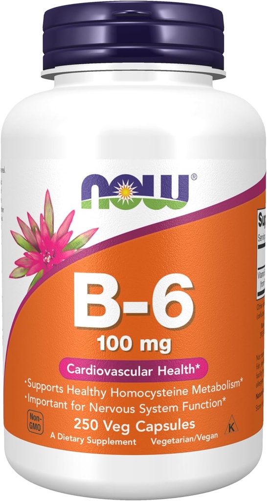 AHORA Suplementos de alimentos, vitamina B-6 (Pyridoxine HCl) 100 mg, Salud cardiovascular, 250 cápsulas de veg