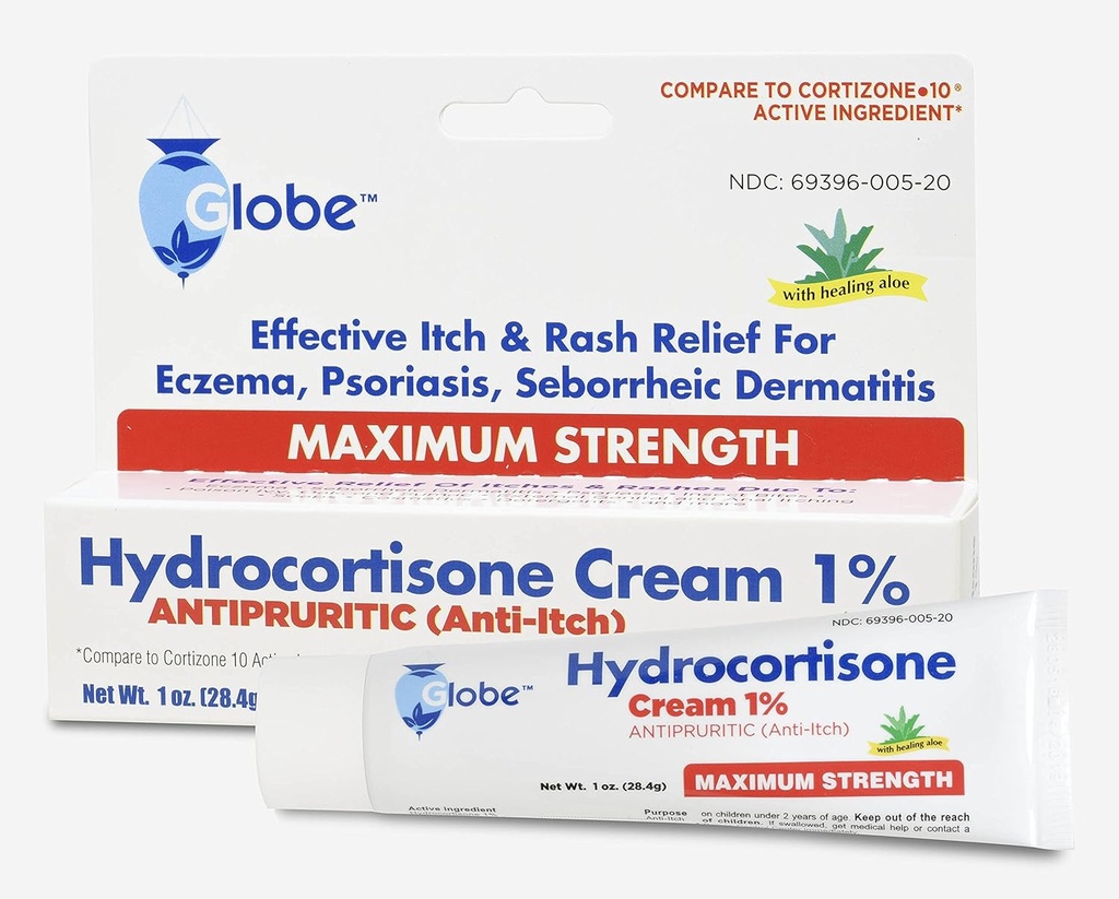 Globe Hydrocortisone Crema de fuerza máxima 1% w/ Aloe, Crema anti-Itch para el enrojecimiento, hinchazón, picazón, sarpullido &amp; dermatitis, Bites de Bug/Mosquito, Eczema, Hemorrhoids &amp; More