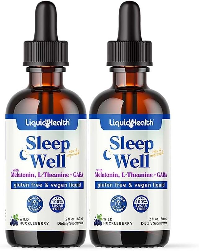 LIQUIDHEALTH Sleep Well Liquid Melatonin, L-Theanine Supplement Natural Sleep Aid, Fall Asleep Faster, Stay Asleep Longer - USA Made, Vegan, Sugar Free, Drug Free, Non-GMO Sleep Spray Drops (2 Pack)