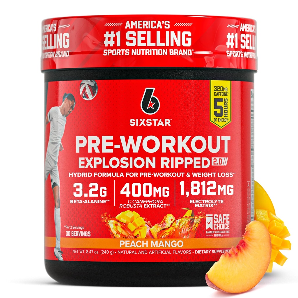 Explosión previa al entrenamiento de seis estrellas, Peach Mango (30 servidos) - Preworkout Energy Powder Suplemento para hombres y mujeres - Pre Workout Drink Mix with Creatine & Beta Alanine - Sports Nutrition Products