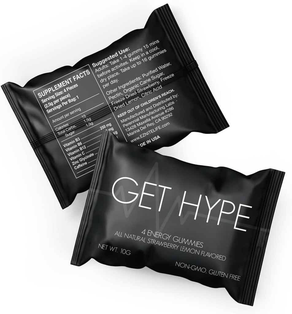 GET Hype Energy Gummies ← Vegan, Non-GMO, Gluten-Free Energy Supplement with Caffeine, Vitamina B12, B6, Vitamina C " Zinc ← Boost Focus, Mental Clarity " Energy TENIDO individualmente, Pack of 12