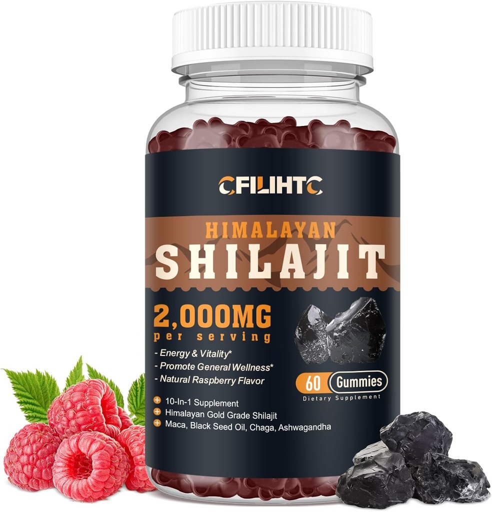 Shilajit Gummies 2000mg - Shilajit Puro Himalaya Orgánica para Hombres &amp; Mujeres 85+ Trace Minerales Shilajit Resin with Ashwagandha, Maca, Black Seed Oil - Energía, Cerebro, Inmunidad, Azúcar Fresa Gratuita 60ct