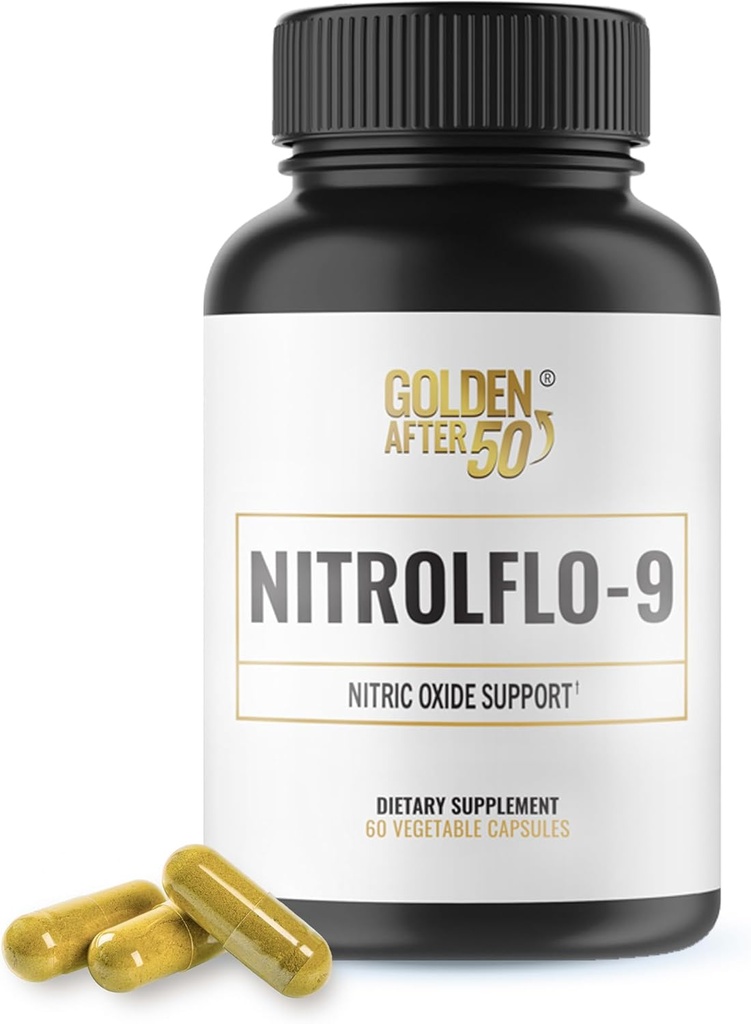 Dorado después de 50 NitrolFlo-9 - Suplemento de óxido nítrico con potencia de la naturaleza con extracto de granada, semillas de uva y S7® - apoya la circulación de nutrientes y energía óptima - 60 cápsulas