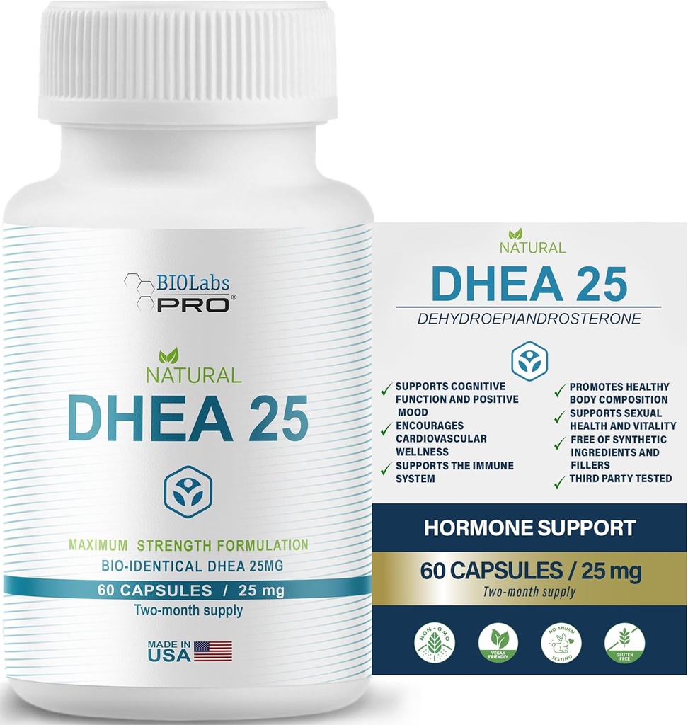 Suplemento de Dhea para Mujeres y Hombres, Dhea 25 Suplemento para Equilibrio de Hormonas, Suplementos de Dhea Puro Gratuito, Dhea Para Hombre Fórmula máxima de Fuerza, cápsulas vegetarianas (60 Caps - 2-Month Supply)