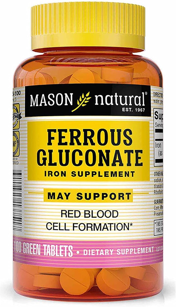 Gluconato de ferroso natural de Mason - Apoya la formación de células rojas de sangre, suave sobre suplemento de hierro de estómago, 100 Tabletas
