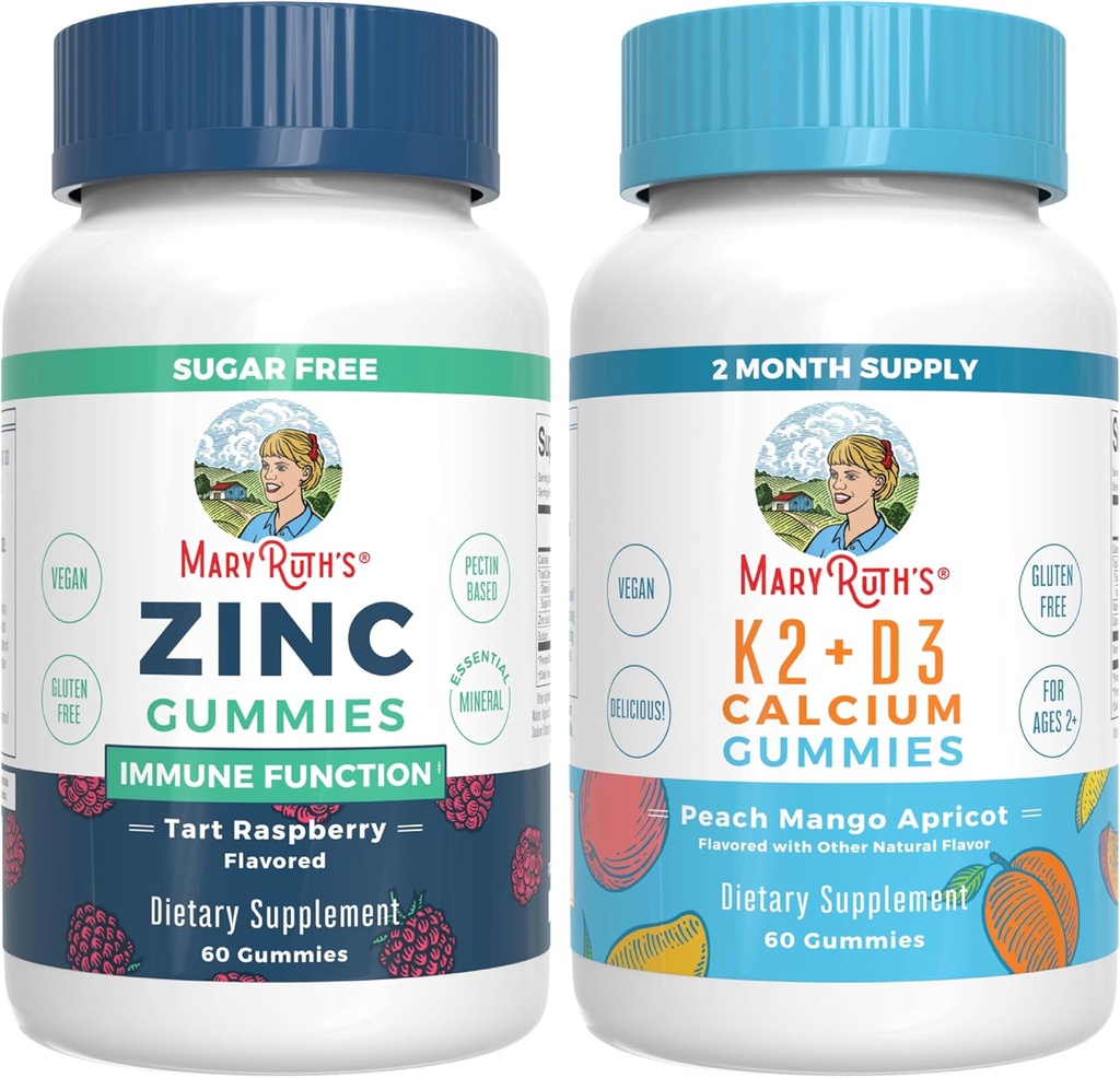 MaryRuth Organics Zinc (Tart Raspberry) & Vitamin K2+D3 Calcium Gummies (Peach Mango & Apricot) Silencio Clean Label Project Verified® ← Vitaminas para la Inmunidad " Joint and Bone Health ← Vegan, Non-GMO