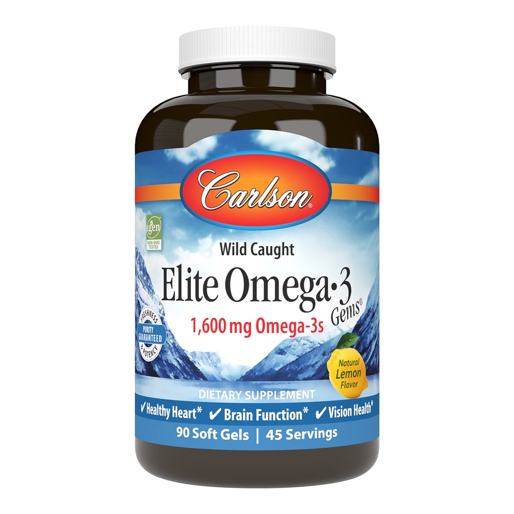 Carlson Elite Omega-3 Gems, 1600mg Omega-3 con EPA & DHA, Wild-Caught Norwegian Fish Oil, Lemon Flavor, 90 Softgels