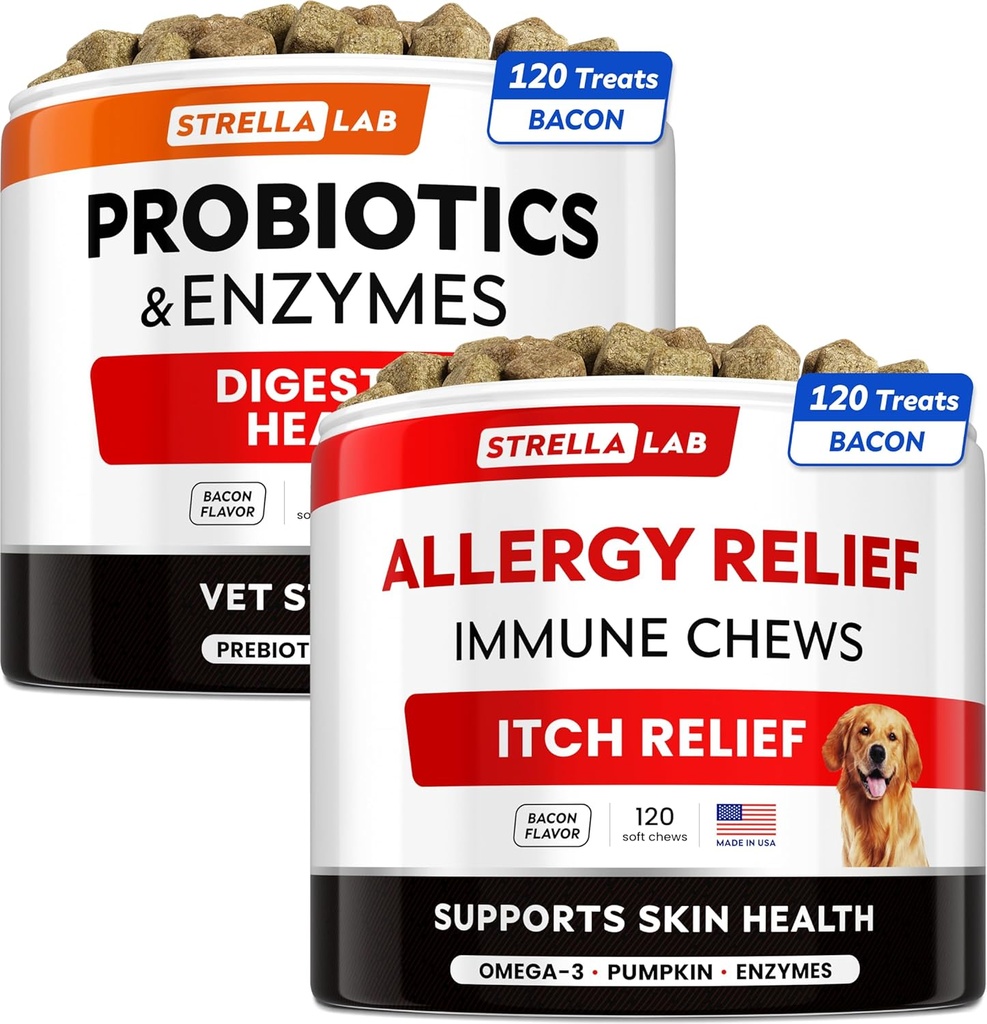 Vet Strength Probiotics + Alivio de Alergia para los Perros Bundle - Suplemento de fibra picable + Tratamiento de la piel picante - Enzimas digestivas + calabaza - Alivio de estómago activo + Hotspot Relief -240 ct - Hecho en EE.UU.