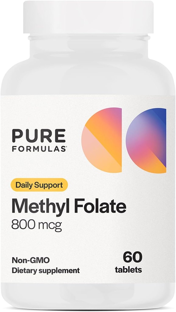 PureFormulas Methylfolate 800 mcg – Active B9 (5-MTHF) para Cardiovascular, Nerve & Mood Health, Non-GMO Vegetarian Tablets, 60 Cuenta