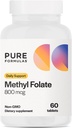 PureFormulas Methylfolate 800 mcg – Active B9 (5-MTHF) for Cardiovascular, Nerve & Mood Health, Non-GMO Vegetarian Tablets, 60 Count