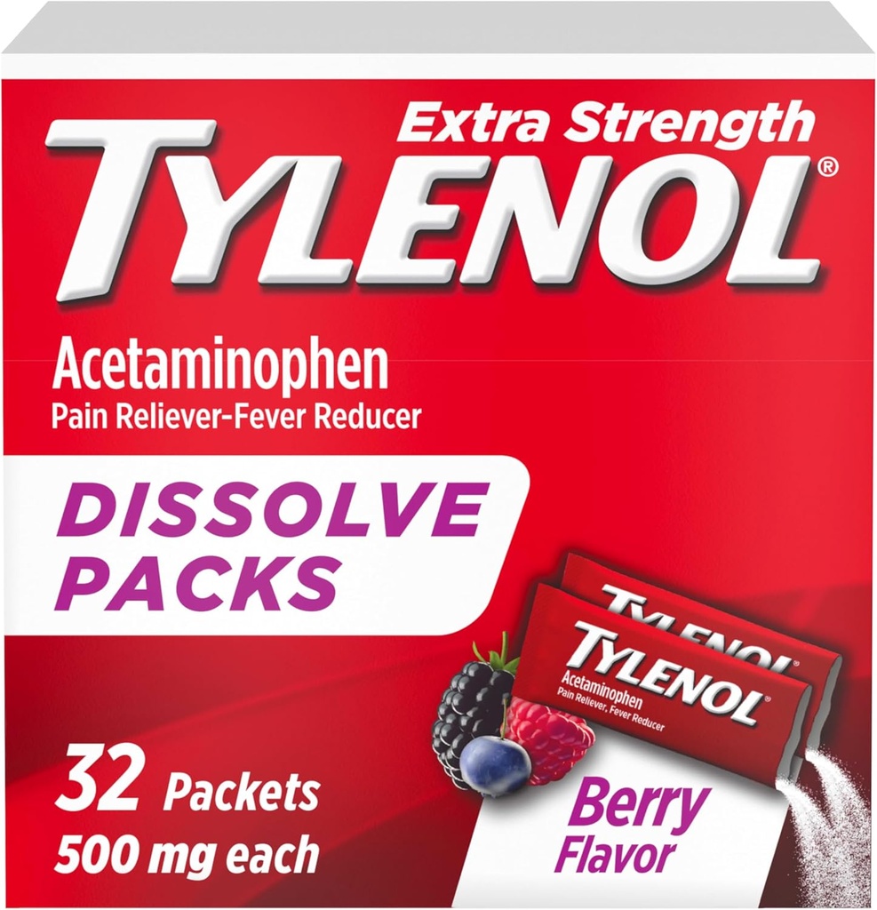 Tylenol Extra Strength Dissolve Powder Packs, 500 mg Acetaminophen Pain Reliever " Fever Reductor de Medicina, Fast Relief for Minor Aches " Pains, Ibuprofen- " Aspirin-Free, On-the-Go Berry Flavor, 32 Ct